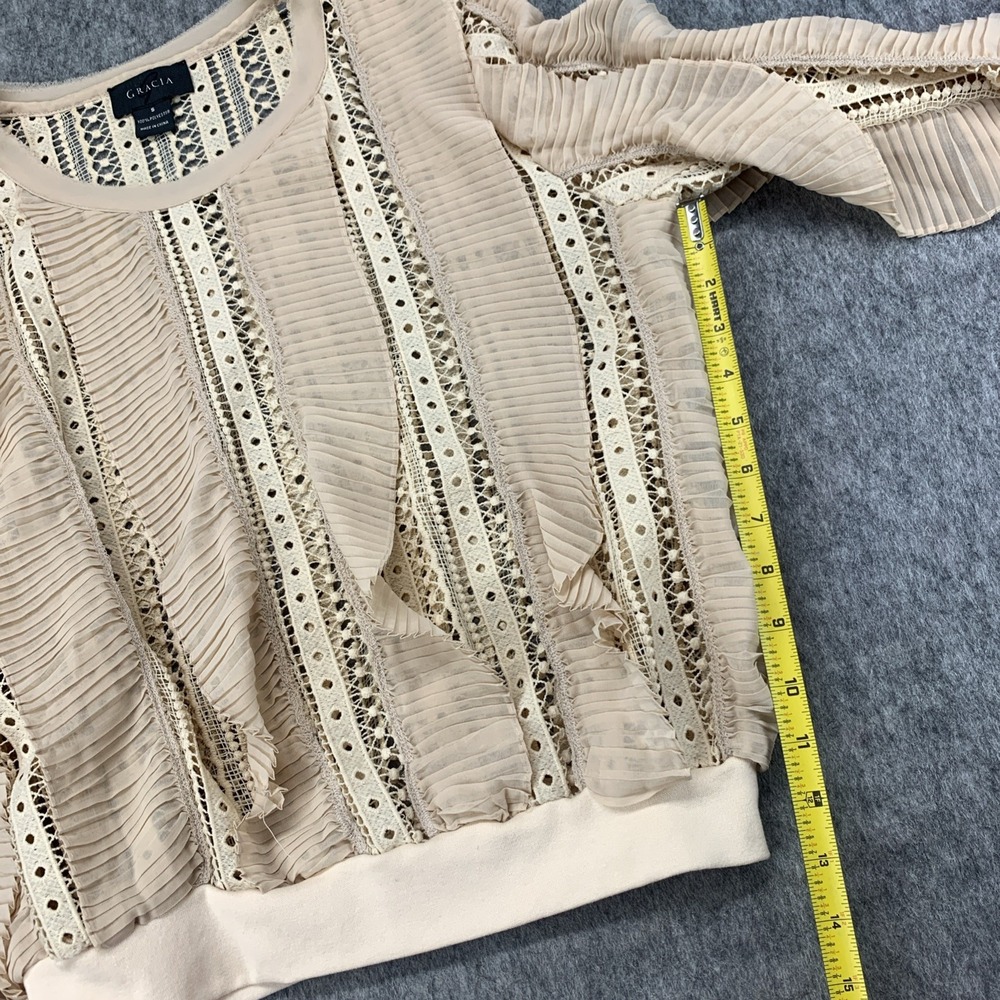 Gracia Beige Cream Top Beige Ruffle Sheer See Through Lace Long Sleeve - Size S - Picture 7 of 9